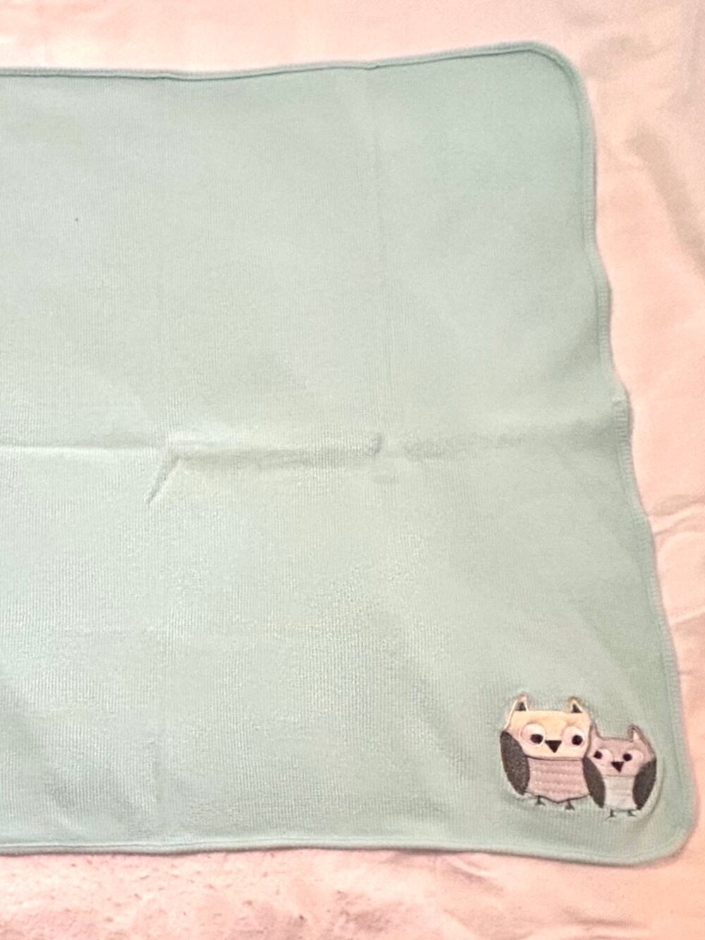 Light Blue Textured Baby Blanket Swaddle with Owl Design Just Born - Like New!